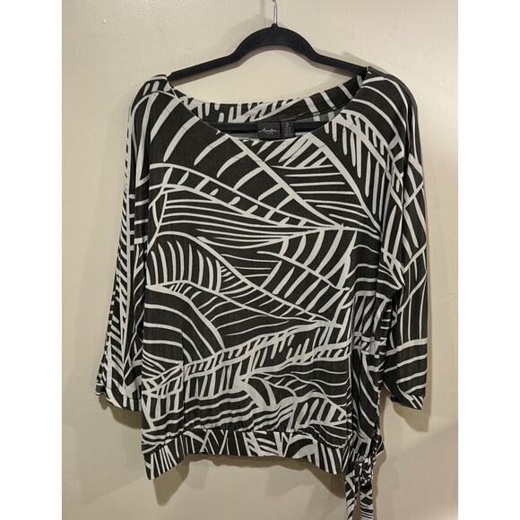 CHICOS TRAVELERS Top Blouse Womens 2 Greenish Gray White Unique Collar Side Tie - Picture 2 of 5